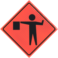 flagger symbol roll up sign for work zone areas, flagger man on sign.