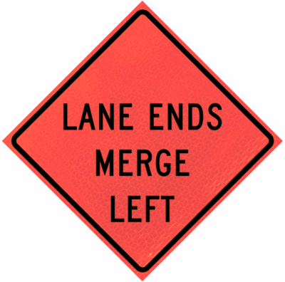 Lane Ends Merge Left (w9-2l) 36" Marathon™ Roll-up Sign | Lane Ends Merge Left (w9-2l) 36" Marathon™ Roll-up Sign