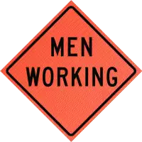 men working roll-up sign