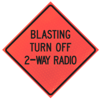 Single Lane Ahead 48" Marathon™ Roll-up | Blasting Turn Off 2-way Radio 48" Marathon™ Roll-up Sign