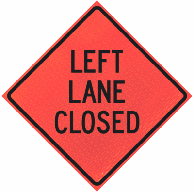 Left Lane Reduction (symbol) 48" Marathon™ Roll-up Sign | Left Lane Closed 48" Marathon™ Roll-up Sign
