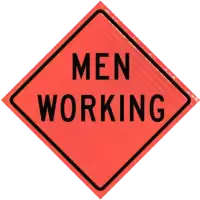 men working vinyl work zone sign