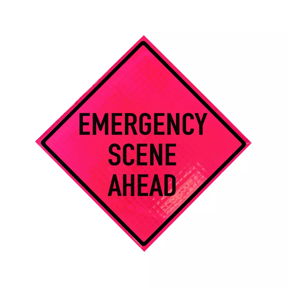 Emergency Scene Ahead Pink Roll-Up Sign